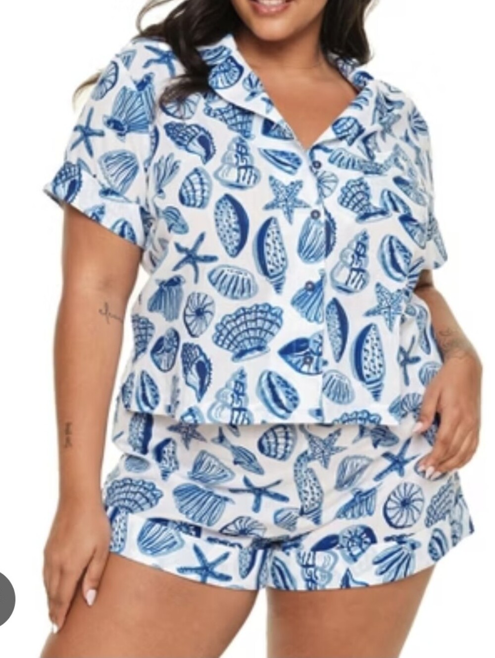 ADORE ME "Lucero" White Blue Seashell Print Short Sleeve Shorts PJ Set 2X